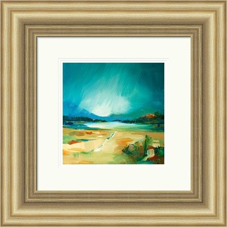 Loch Laggan by Ann Vastano framed wall art print showing a sandy shoreline, still loch water and a luminous blue-green sky