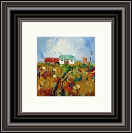 Auld Acquaintance by Ann Vastano framed wall art print showing a rural cottage with a green roof, sheep, weathered fencing and warm Highland fields