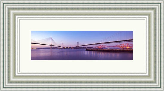 Three Bridges Purple by Ian Marshall framed wall art print showing the three Forth bridges in a purple toned panoramic scene