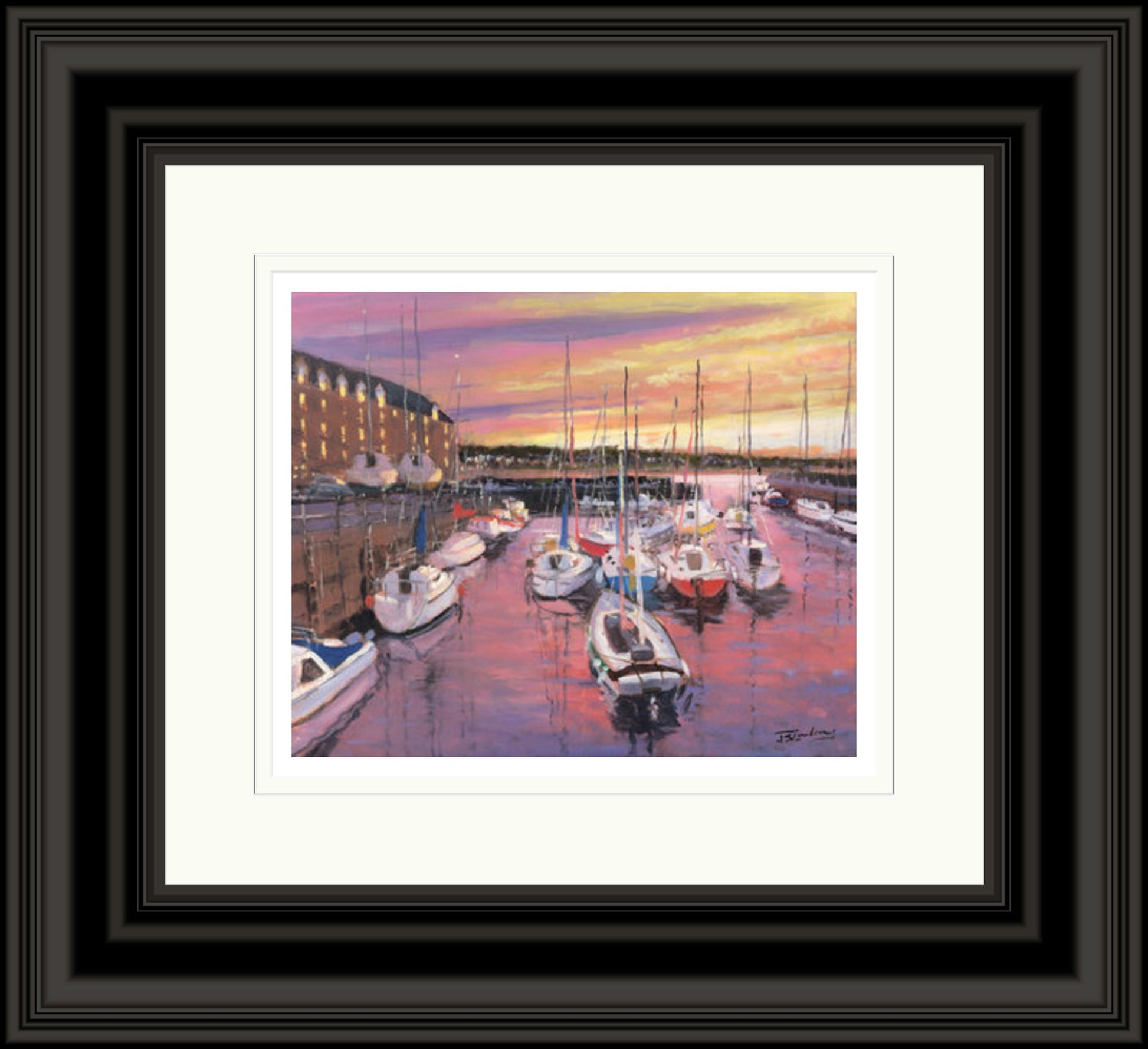 Harbour Sunset, North Berwick by James Somerville Lindsay framed wall art print showing North Berwick harbour at sunset, with warm light settling over the coastal setting