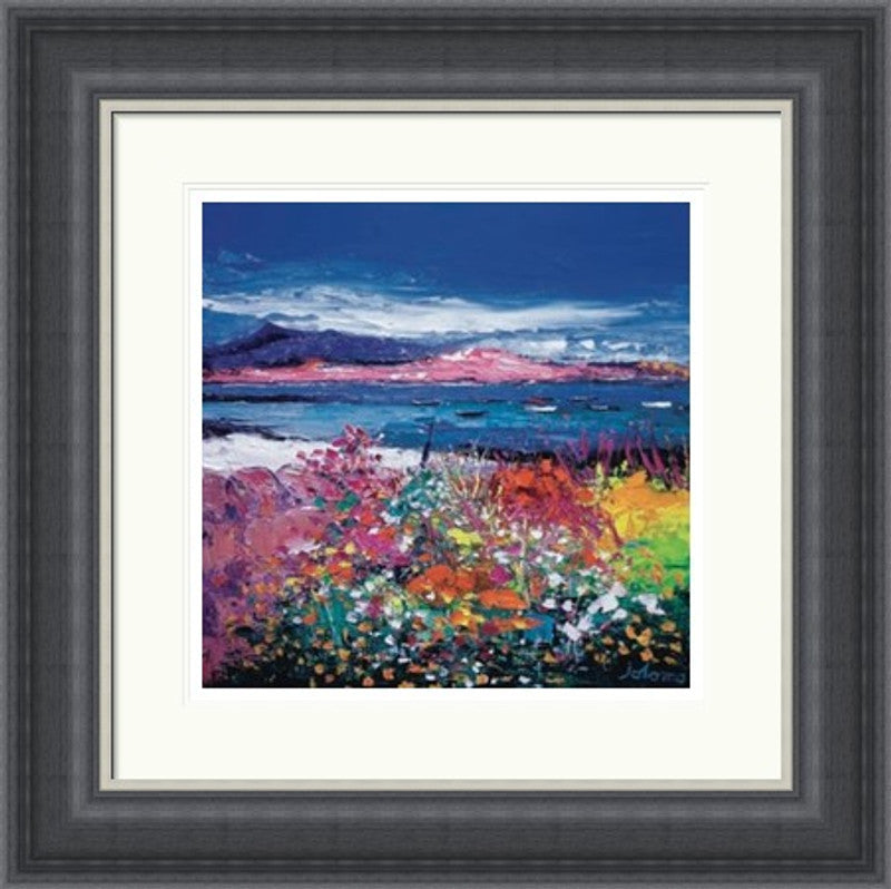 Front Gardens & the Moorings, Iona by Jolomo framed wall art print featuring boats, harbour details and working shoreline character with colourful flowers and textured foreground detail around Iona