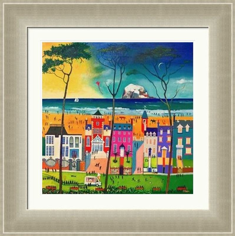 Holidays North Berwick by Rob Hain framed wall art print featuring a North Berwick holiday scene with seaside colour, beach life and relaxed coastal charm