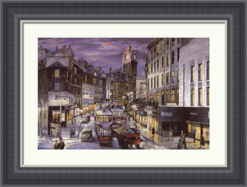 Rush Hour Leith Street, Colour by John M Boyd framed wall art print showing a busy colour view of Leith Street in Edinburgh with traffic, pedestrians, shopfronts and evening city lights