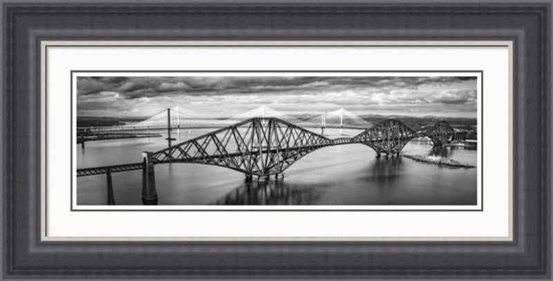 The Three Bridges Black and White by Ian Marshall framed wall art print showing the three Forth bridges in a monochrome panoramic view